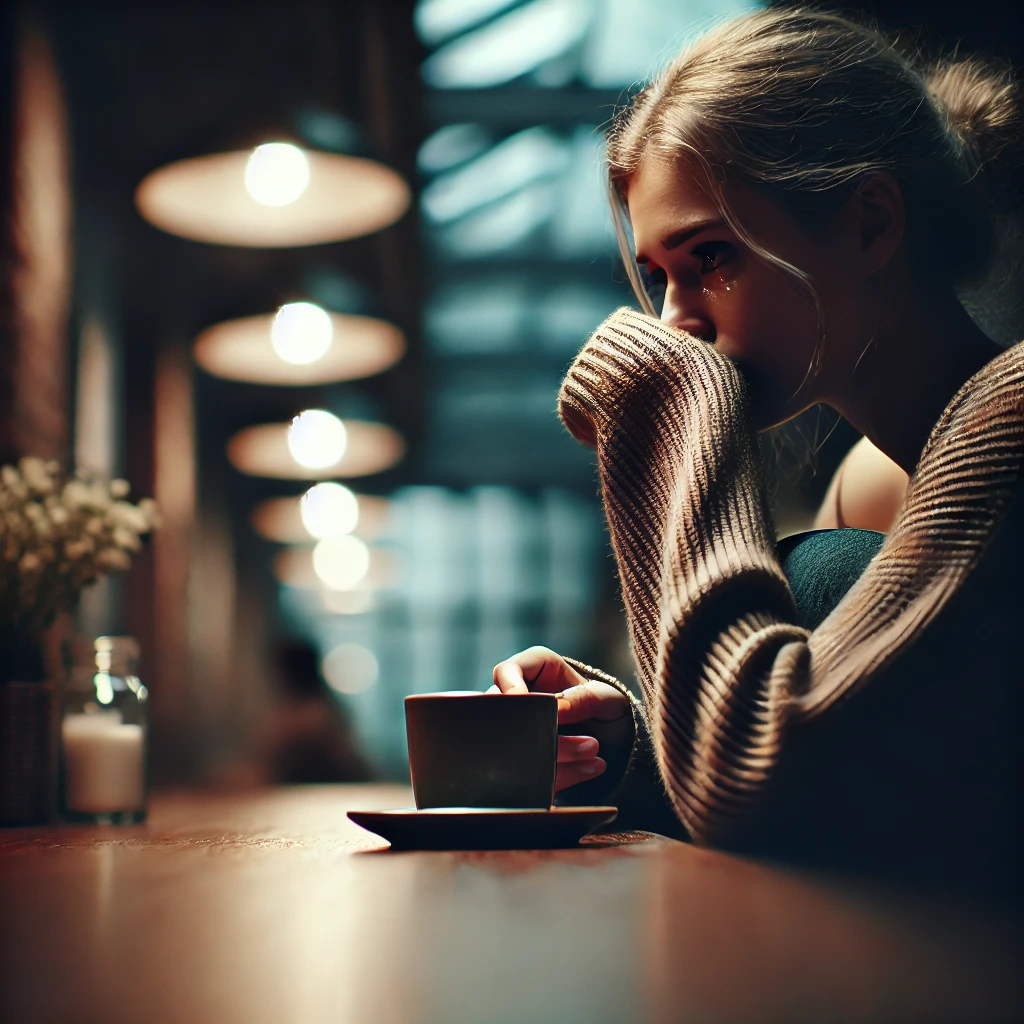 DALL·E 2025-03-13 22.18.51 - A realistic, distant shot of a woman sitting alone in a café, crying. Her face is partially hidden, and she looks down at a cup of coffee. The atmosph